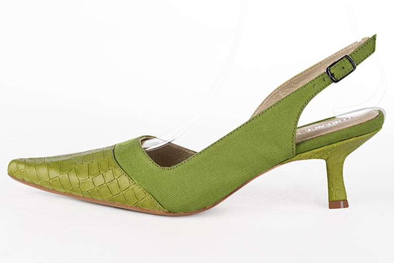 Pistachio green women's slingback shoes. Pointed toe. Medium spool heels. Profile view - Florence KOOIJMAN